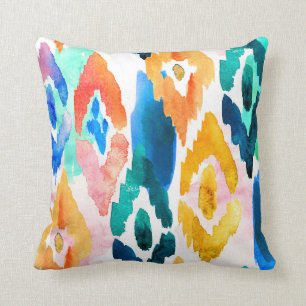 Waterverf Abstract Ikat Pattern Oranje Groen Blauw Kussen