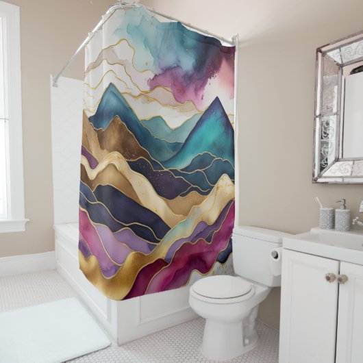 Waterverf Abstract Landschap Goudblauw Paars Douchegordijn (In situ)