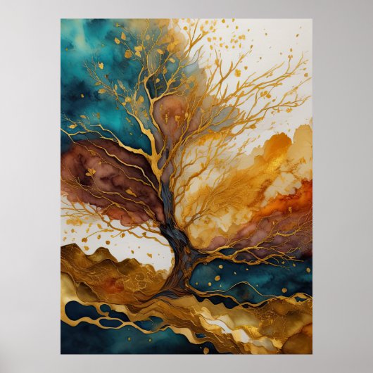 Waterverf Abstract Landschap Schilderen Goud 3:4 Poster (Voorkant)