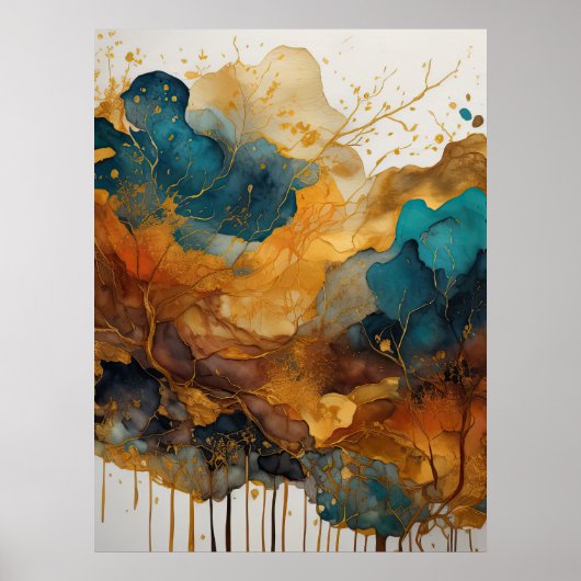 Waterverf Abstract Landschap Schilderen Goud 3:4 Poster (Voorkant)