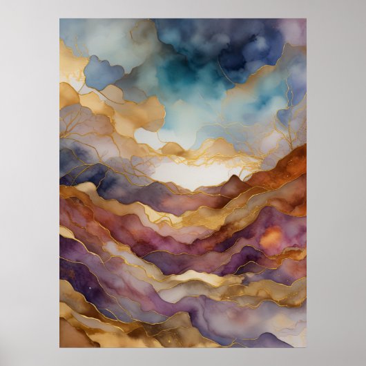 Waterverf Abstract Landschap Schilderen Goud 3:4 Poster (Voorkant)