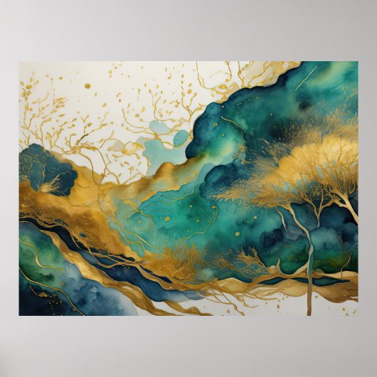 Waterverf Abstract Landschap Schilderen Goud 4:3 Poster (Voorkant)