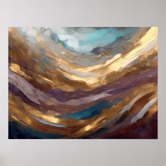 Waterverf Abstract Landschap Schilderen Goud 4:3 Poster (Voorkant)