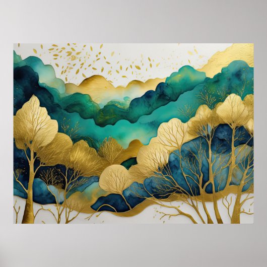 Waterverf Abstract Landschap Schilderen Goud 4:3 Poster (Voorkant)