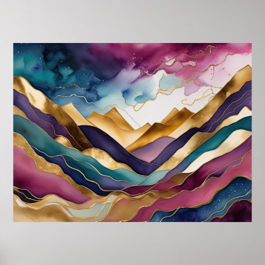 Waterverf Abstract Landschap Schilderen Goud 4:3 Poster (Voorkant)