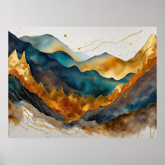 Waterverf Abstract Landschap Schilderen Goud 4:3 Poster (Voorkant)