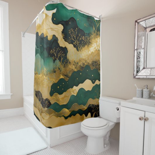 Waterverf Abstract Landschap Schilderen Goud Douchegordijn (In situ)