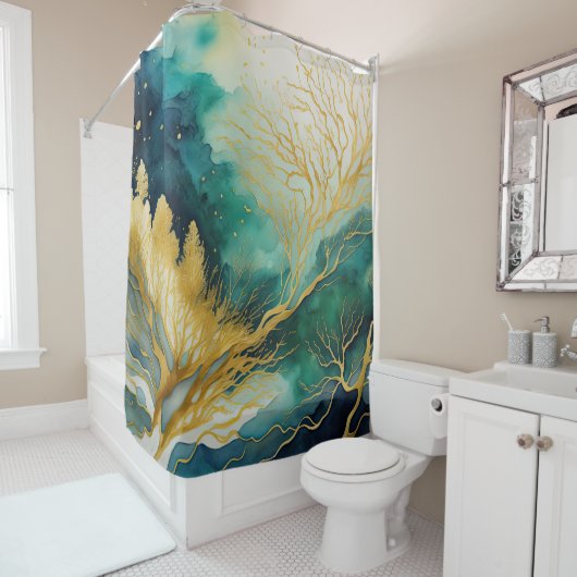 Waterverf Abstract Landschap Schilderen Goud Douchegordijn (In situ)