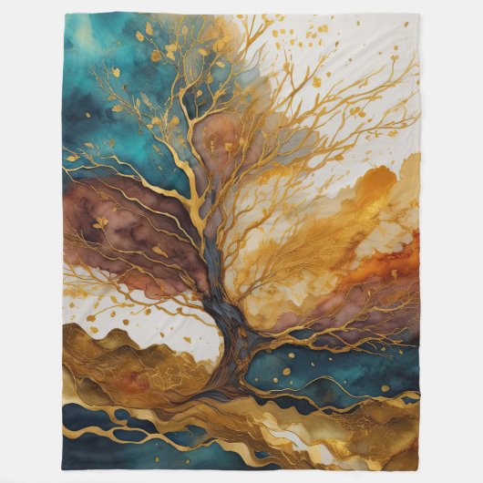 Waterverf Abstract Landschap Schilderen Goud Fleece Deken (Voorkant)