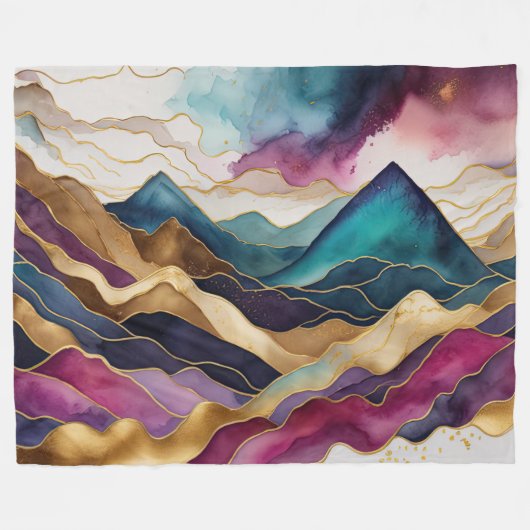 Waterverf Abstract Landschap Schilderen Goud Fleece Deken (Voorkant (Horizontaal))