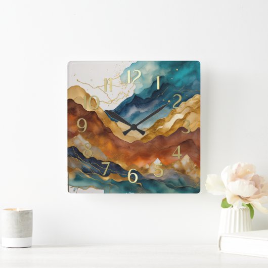 Waterverf Abstract Landschap Schilderen Goud Vierkante Klok (Huis)
