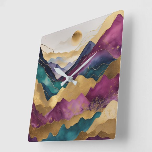 Waterverf Abstract Landschap Schilderen Goud Vierkante Klok (Hoek)