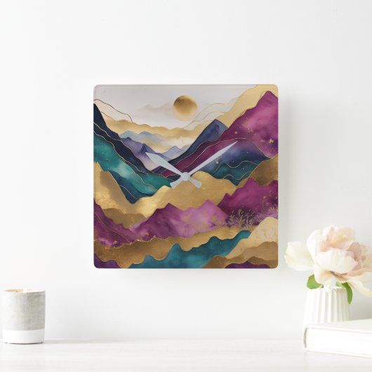 Waterverf Abstract Landschap Schilderen Goud Vierkante Klok (Huis)