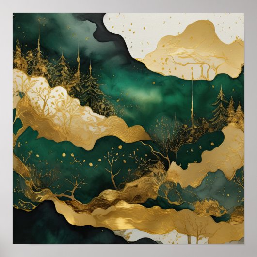 Waterverf Abstract Landschapsschilderij Goud 1:1 I Poster (Voorkant)