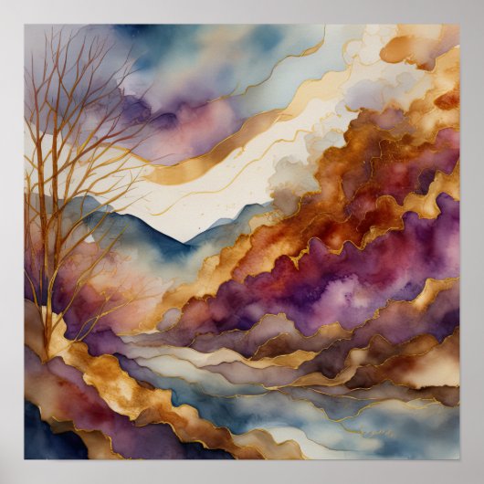 Waterverf Abstract Landschapsschilderij Goud 1:1 Poster (Voorkant)