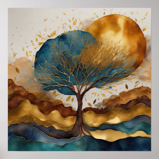 Waterverf Abstract Landschapsschilderij Goud 1:1 Poster (Voorkant)