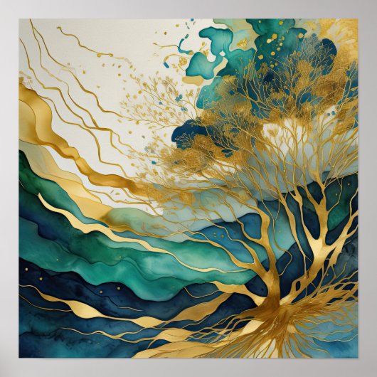 Waterverf Abstract Landschapsschilderij Goud 1:1 Poster (Voorkant)