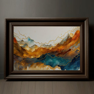Waterverf Abstract Landschapsschilderij Goud 3:2 Poster