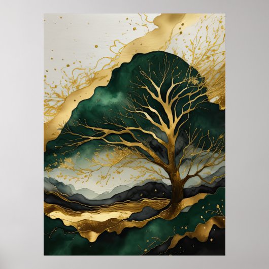 Waterverf Abstract Landschapsschilderij Goud V Poster (Voorkant)