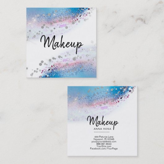 *~* Waterverf Abstract pastel Glitter Blue Vierkante Visitekaartje (Voorkant / Achterkant)