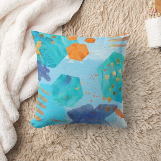 Waterverf Abstract Pillow Blue, oranje, goud Kussen (Deken)