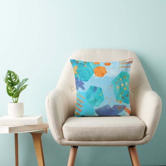 Waterverf Abstract Pillow Blue, oranje, goud Kussen (Stoel)