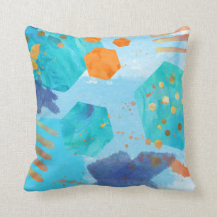 Waterverf Abstract Pillow Blue, oranje, goud Kussen