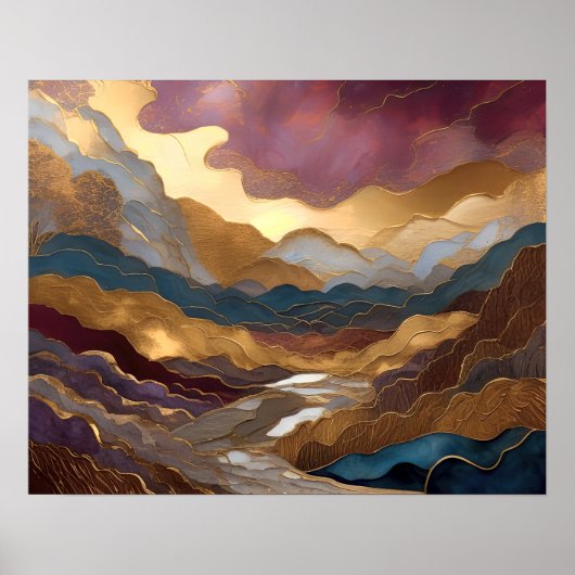 Waterverf Abstract Schilderen Goud Paarse Blauw II Poster (Voorkant)