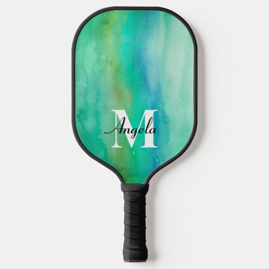 waterverf abstract turquoise en blauw monogram pickleball paddle (Voorkant)