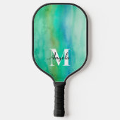 waterverf abstract turquoise en blauw monogram pickleball paddle (Achterkant)
