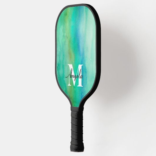waterverf abstract turquoise en blauw monogram pickleball paddle (Links)