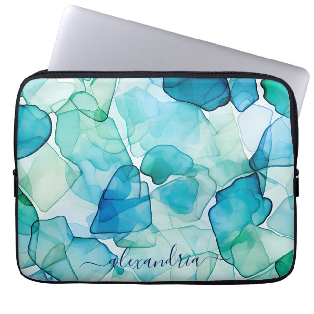 Waterverf Abstract Zeeen glas met naam Laptop Sleeve (Voorkant)