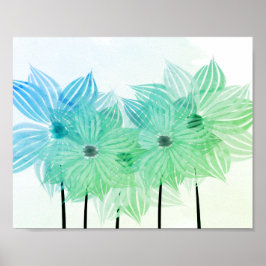 Waterverf Abstracte bloemen Groen Blauw Poster