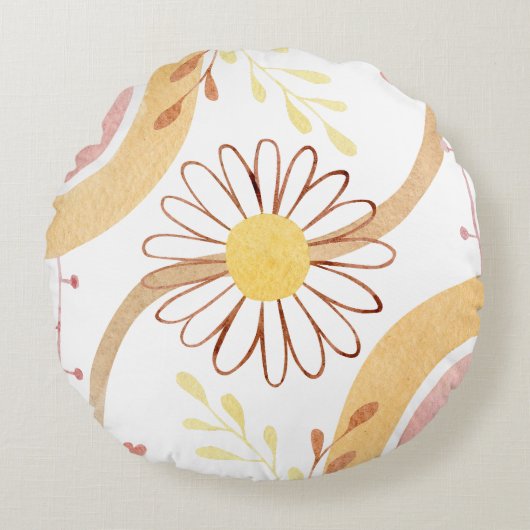 Waterverf Abstracte botanische bloem en regenboog Rond Kussen (Voorkant)