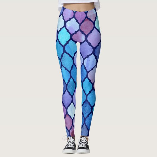 Waterverf Abstracte Geometrische Arabische Tegels Leggings (Voorkant)