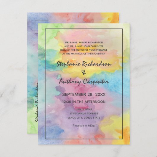 Waterverf Abstracte grillige kleurrijke leuke brui Uitnodiging Briefkaart (Voorkant / Achterkant)