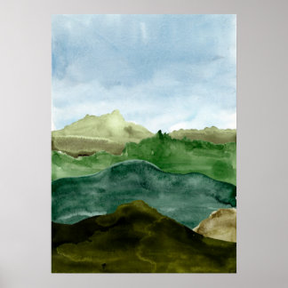 Waterverf abstracte groene bergen landschapskunst poster