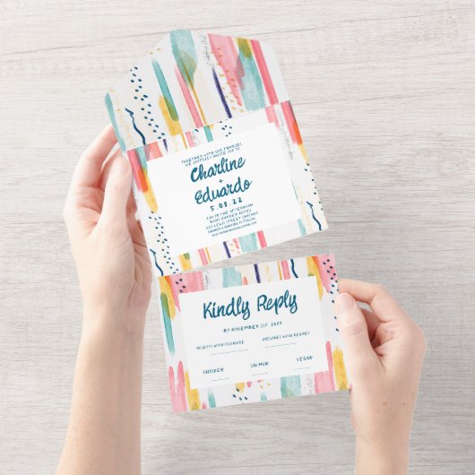 Waterverf Abstracte kleurrijke penseelbruiloft All In One Uitnodiging (Afscheurbaar)