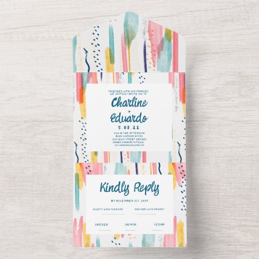Waterverf Abstracte kleurrijke penseelbruiloft All In One Uitnodiging (Binnen)