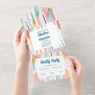 Waterverf Abstracte kleurrijke penseelbruiloft All In One Uitnodiging