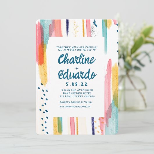 Waterverf Abstracte kleurrijke penseelbruiloft Kaart (Staand voorkant)