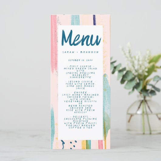 Waterverf Abstracte kleurrijke penseelbruiloft Menu (Staand voorkant)