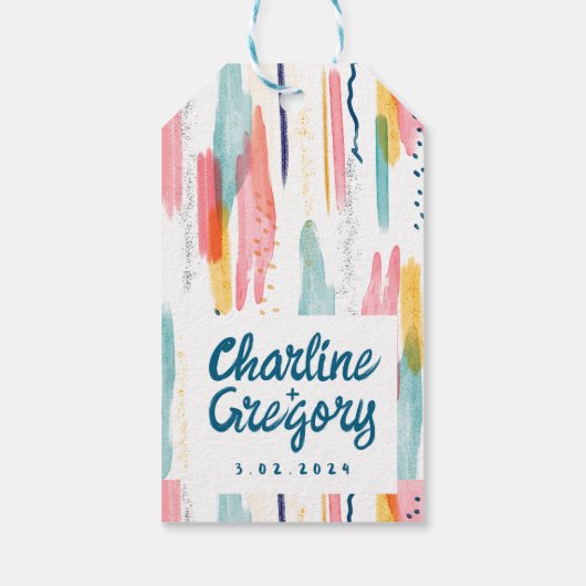 Waterverf Abstracte kleurrijke penseellijnen bruil Cadeaulabel (Achterkant)