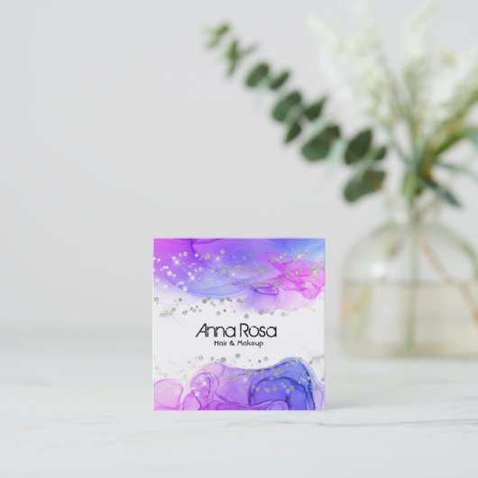 *~* Waterverf Abstracte Magenta Blauw Modern Vierkante Visitekaartje (Staand voorkant)