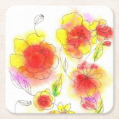 Waterverf abstracte rode en gele bloemen kartonnen onderzetters (Voorkant)