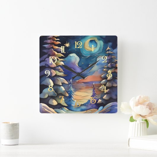 Waterverf Abstracte winterscène Kerst Vierkante Klok (Huis)