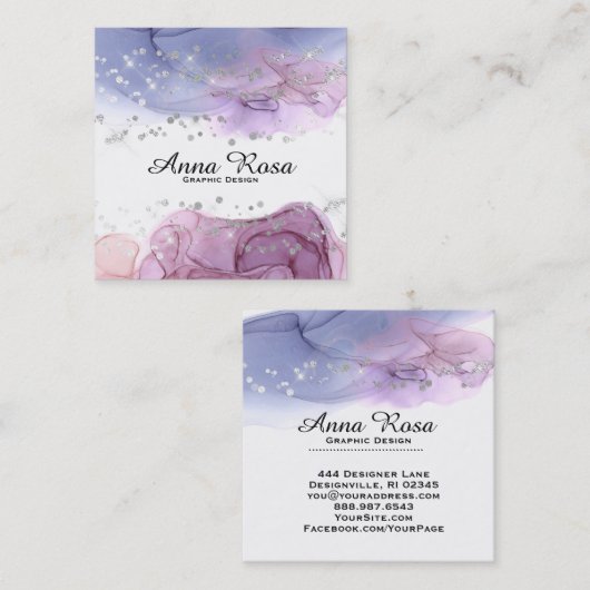 *~* Waterverf Abstracte Zilver Glitter Moderne Kun Vierkante Visitekaartje (Voorkant / Achterkant)