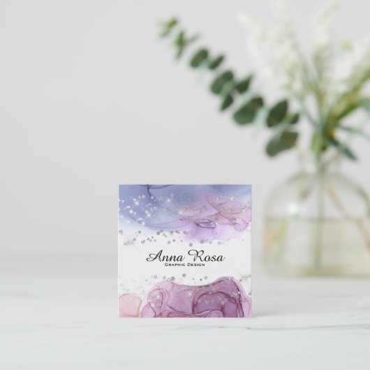 *~* Waterverf Abstracte Zilver Glitter Moderne Kun Vierkante Visitekaartje (Staand voorkant)
