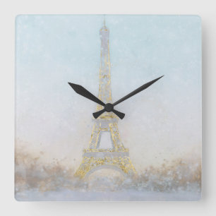 Waterverf Afbeelding Eiffel Towe Vierkante Klok