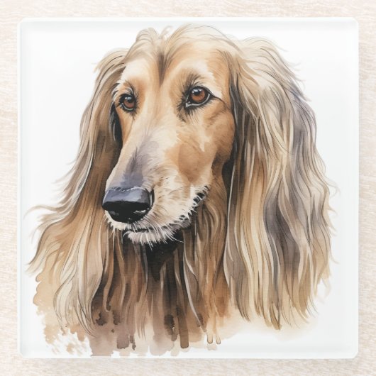 WATERVERF AFGHAANSE HOUND GEZICHT GLAZEN ONDERZETTER (Voorkant)